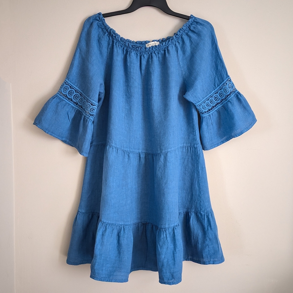 TERZO MILLENNIO Blue 100% Linen Mini Dress Casual Summer Made in Italy Size M